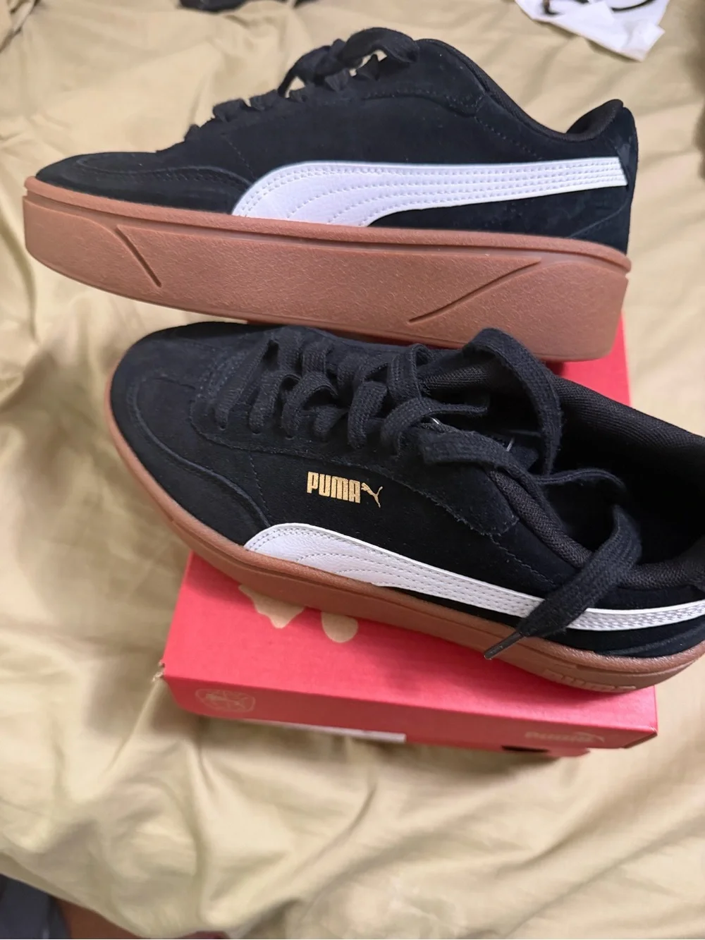 Puma Black Suede Sneakers with White Formstripe and Brown Platform Sole
